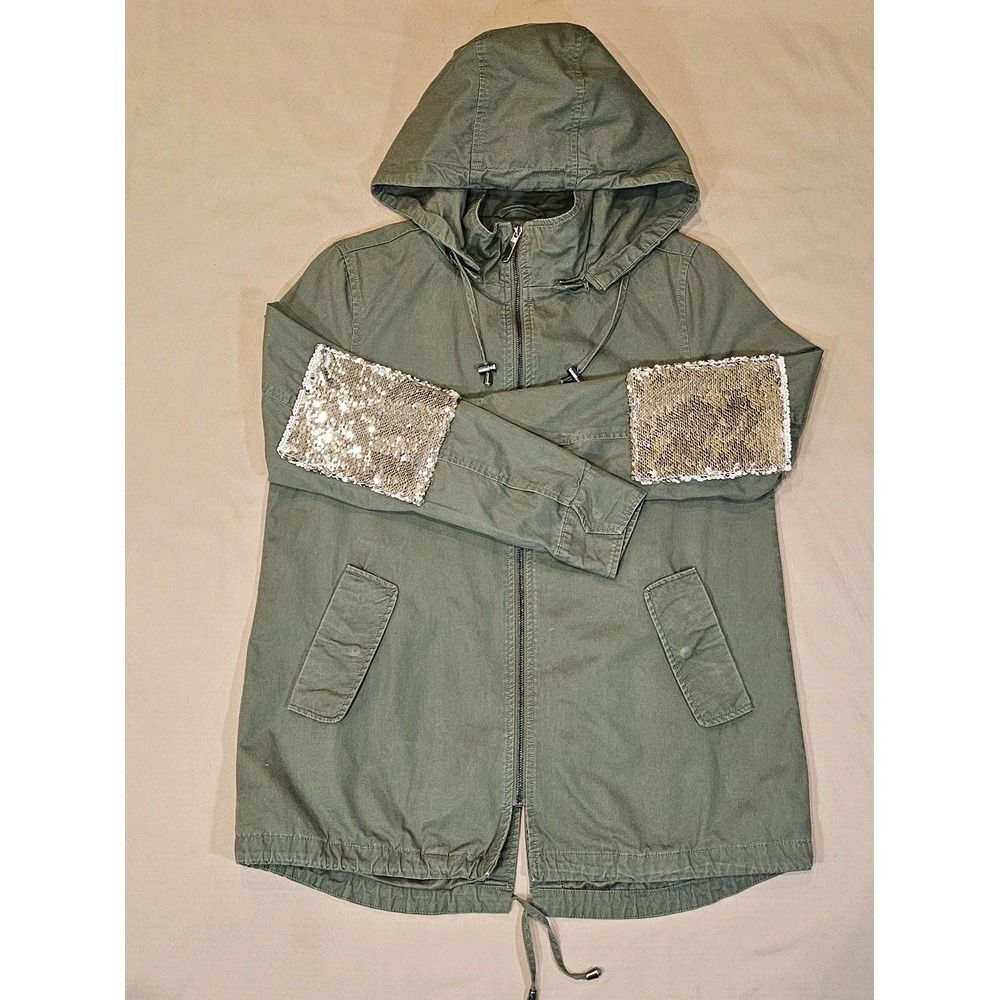 Sam Edelman Olive Green Utility Jacket with Sequined Gold/ Pearl Elbows Size XS